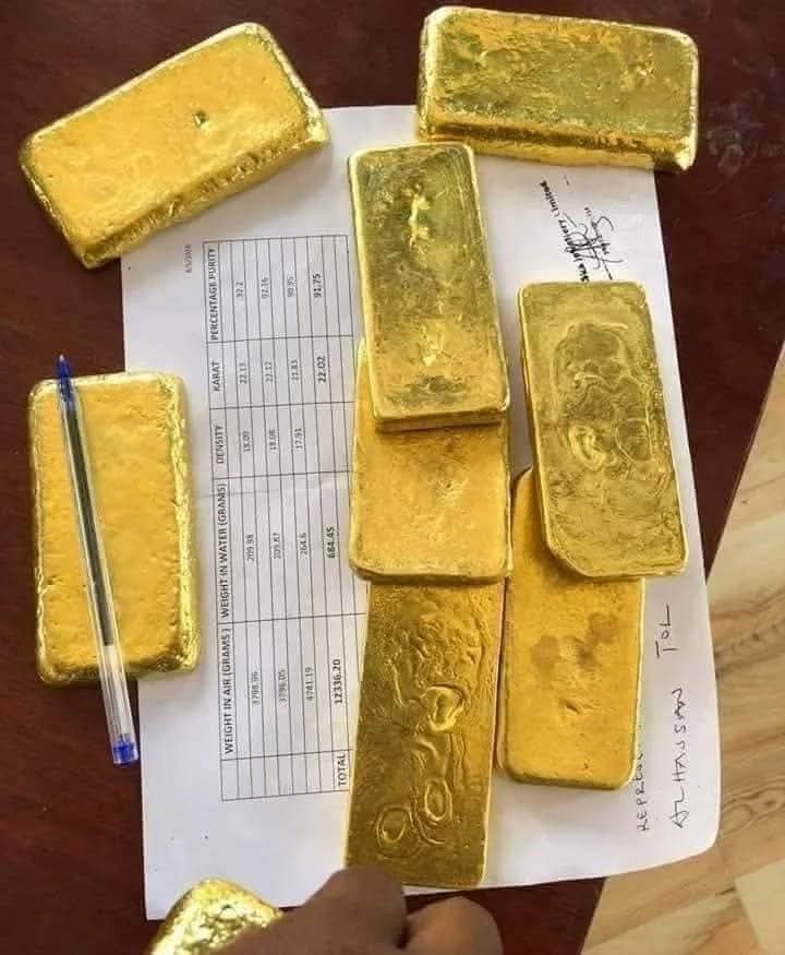 Gold bars displayed on a dark surface